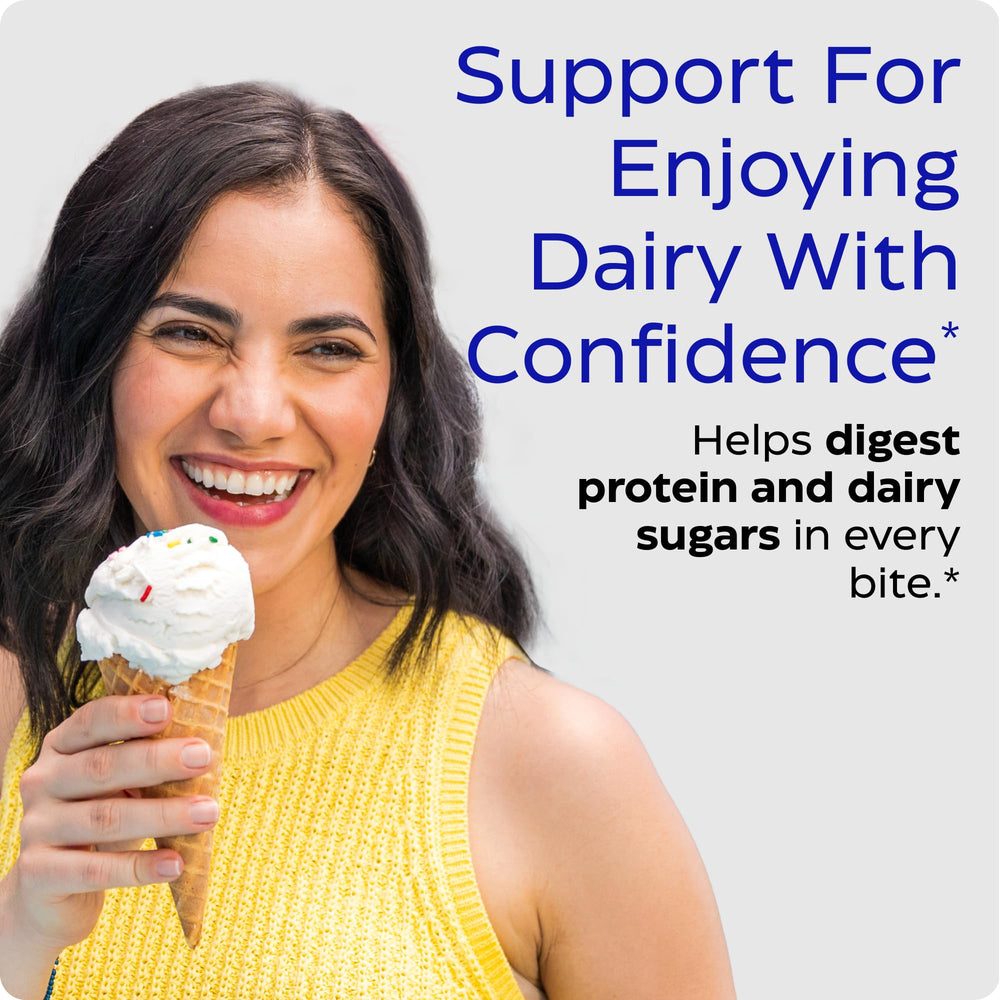 Enzymedica DairyAssist lactase enzyme graphic illustrating lactose breakdown