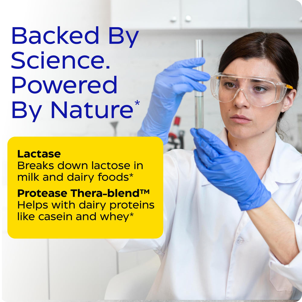 Enzymedica DairyAssist protease enzymes illustration showing dairy protein digestion