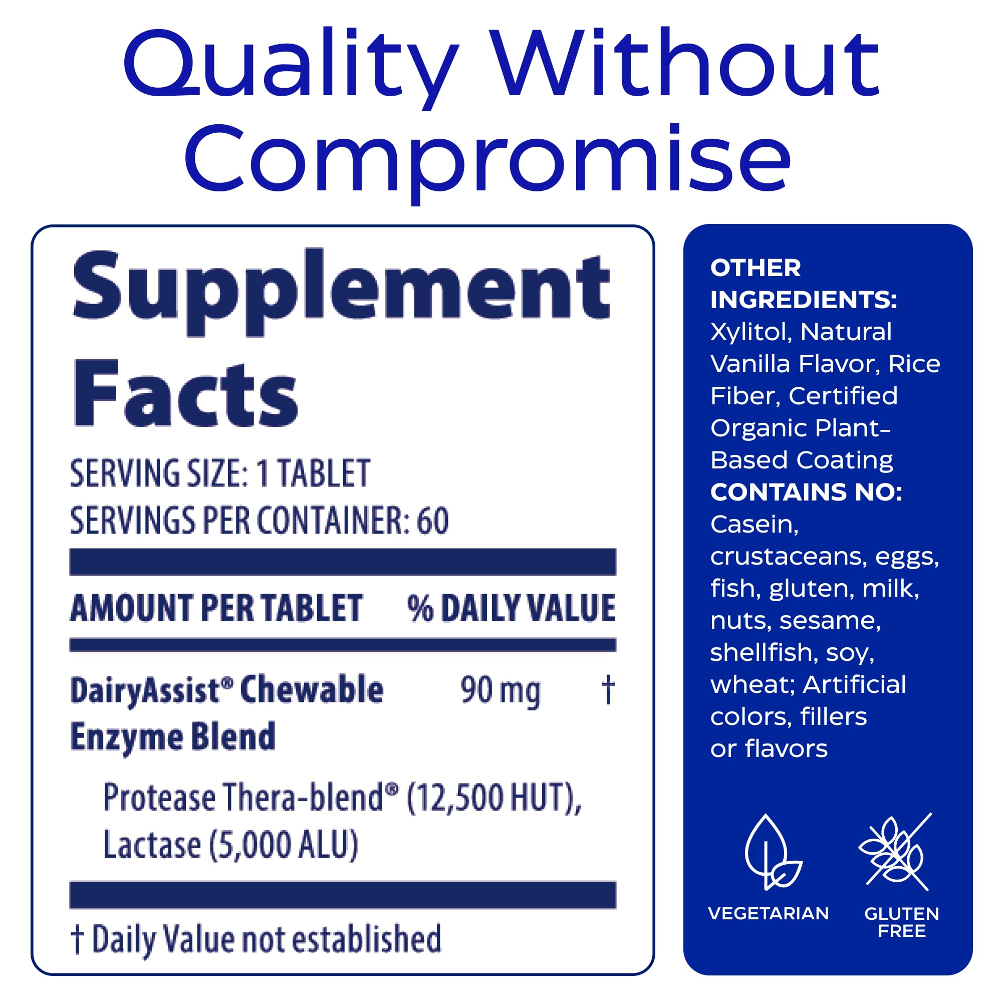 Enzymedica DairyAssist vegan and kosher label emphasizing clean ingredients