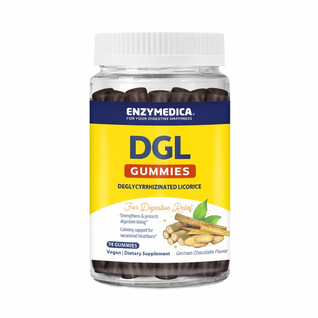 Close view of Enzymedica DGL gummies chocolate flavor for soothing relief
