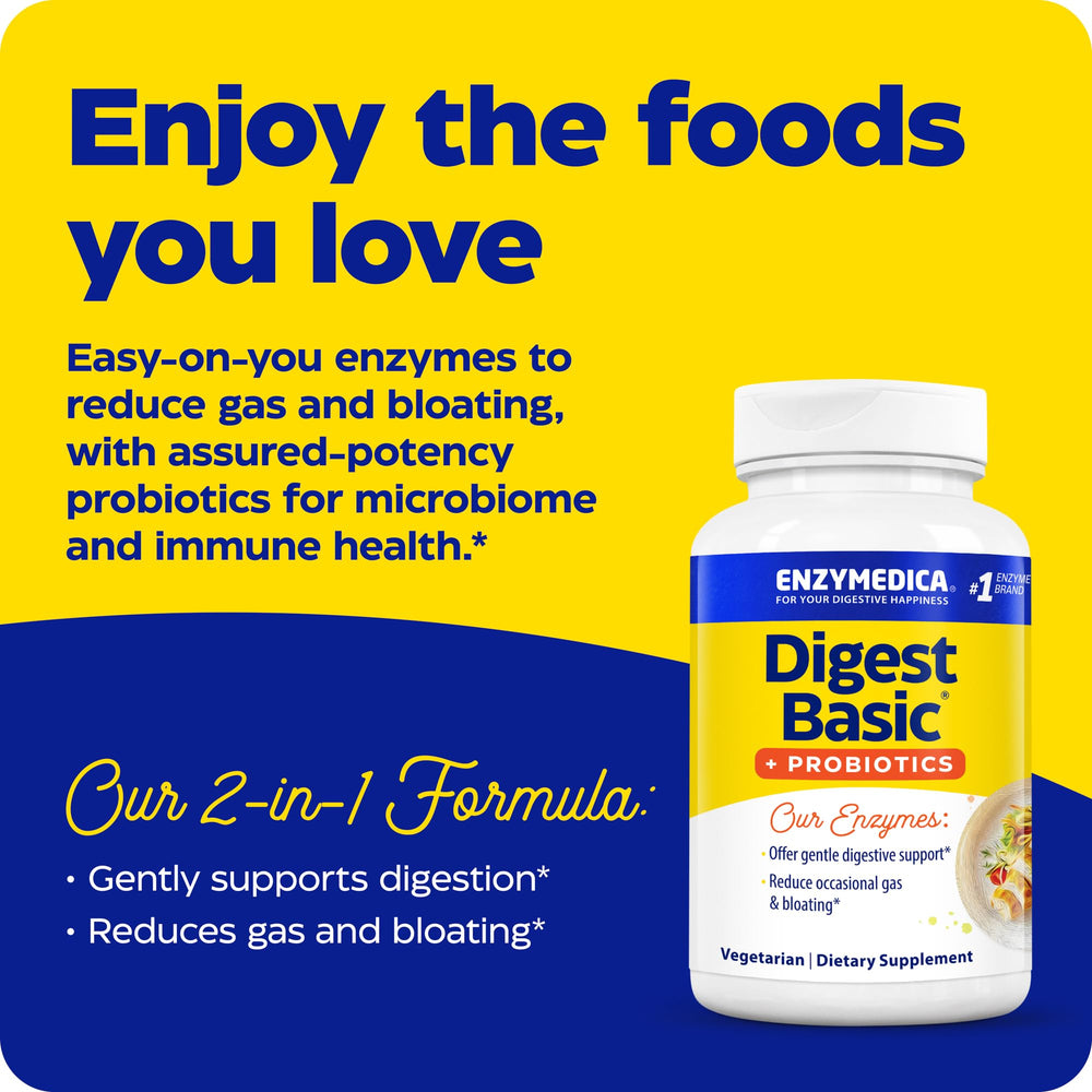 Capsule close-up of Enzymedica Digest Basic + Probiotics for gentle digestion.
