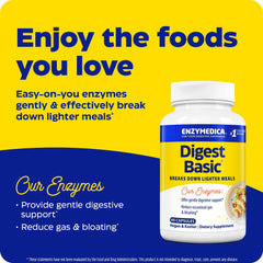 Meal-time scene suggests gentle digestion with Digest Basic on the table.