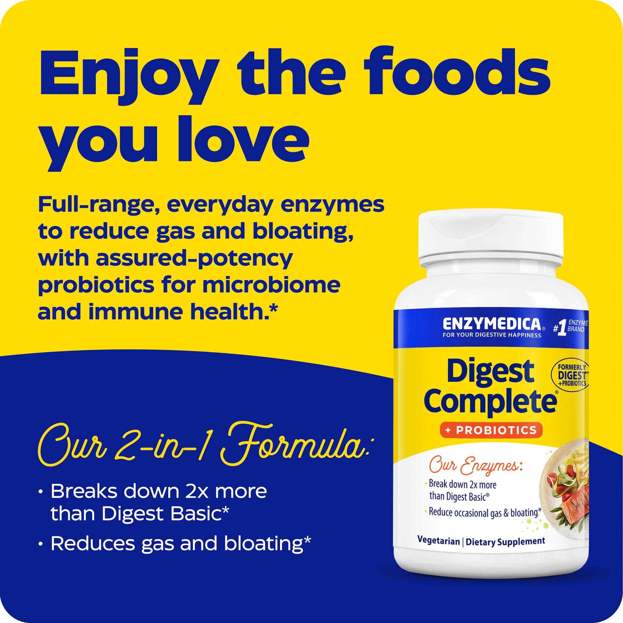 Enzymedica Digest Complete capsules closeup showing convenient gentle digestion for meals