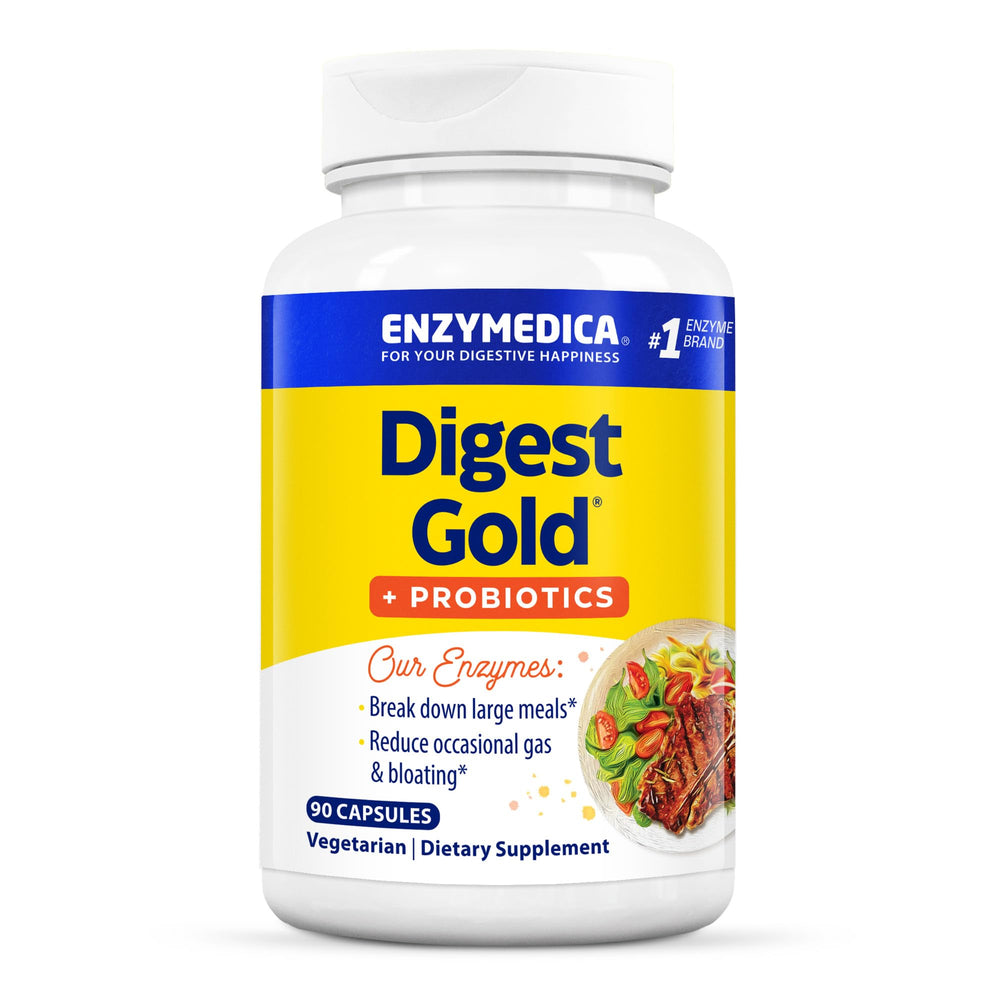 Enzymedica Digest Gold bottle front for gut support after meals.