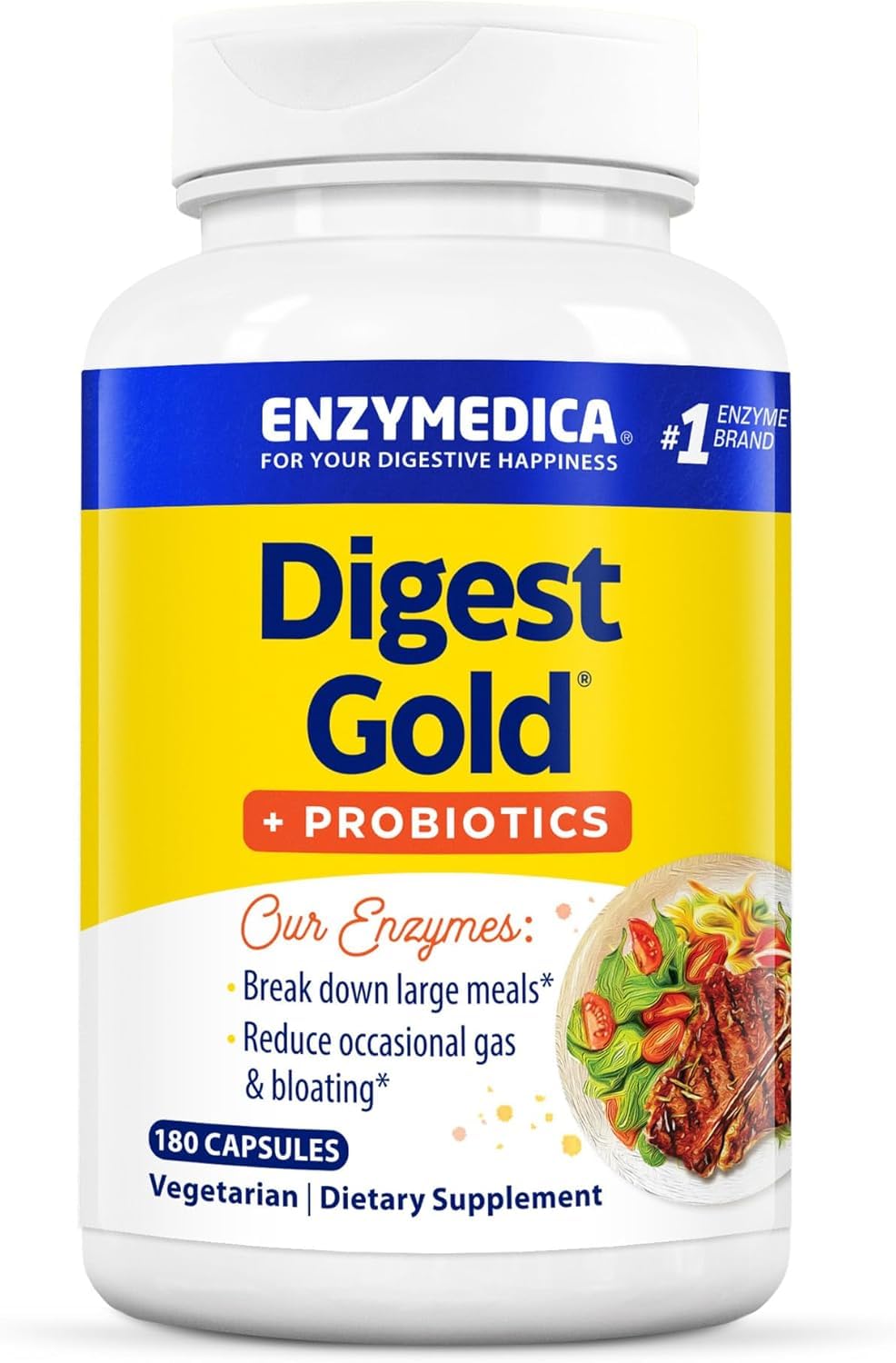 Enzymedica Digest Gold bottle pour shows 2-in-1 enzymes and probiotics for easier meals