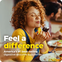 Bottle beside a wholesome meal, suggesting post-meal support.