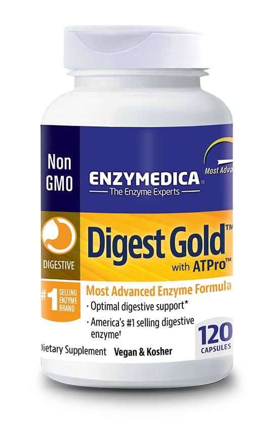 Close-up of Digest Gold + ATPro capsules highlighting Thera-blend enzymes.