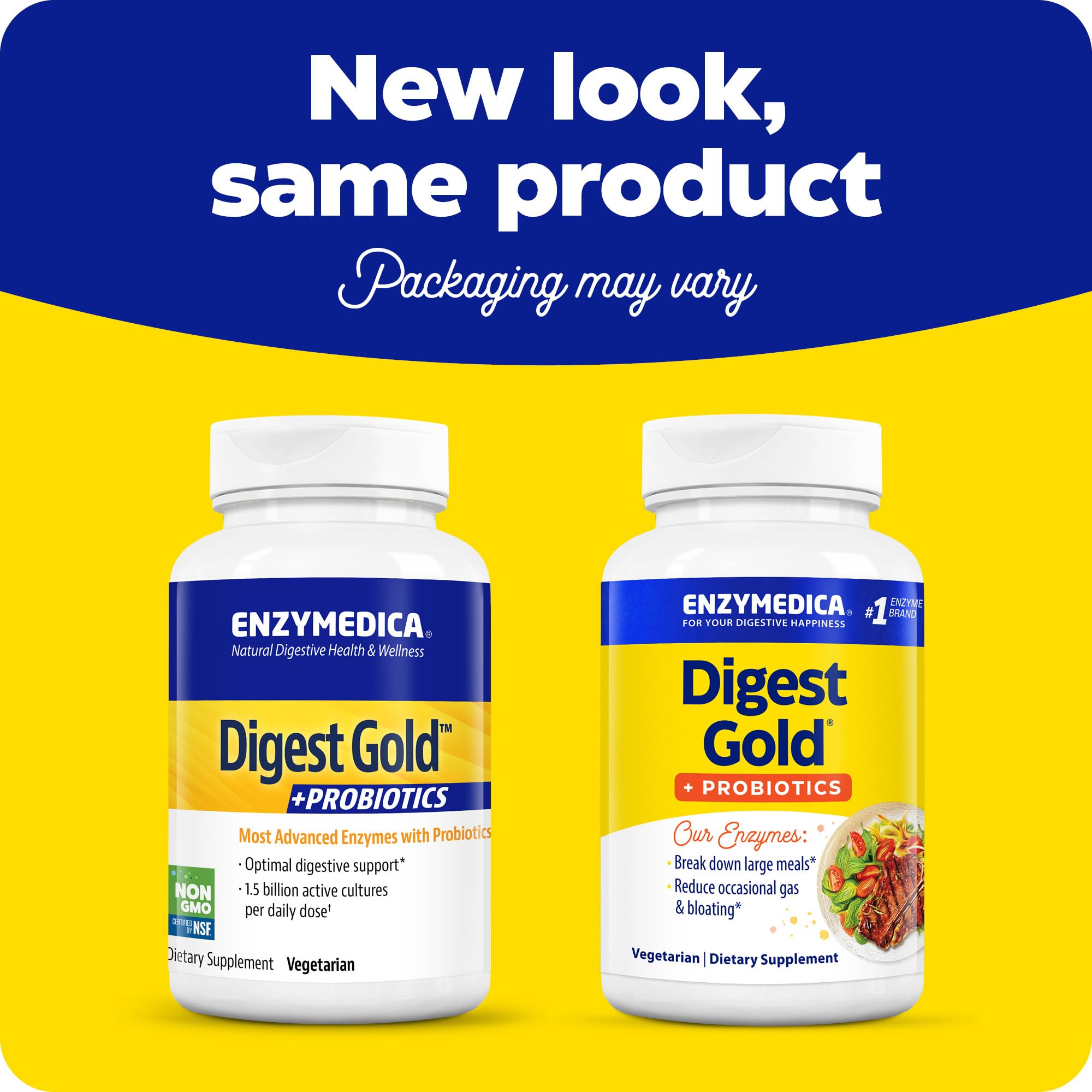 Enzymedica Digest Gold capsules close-up showing Thera-blend enzymes.
