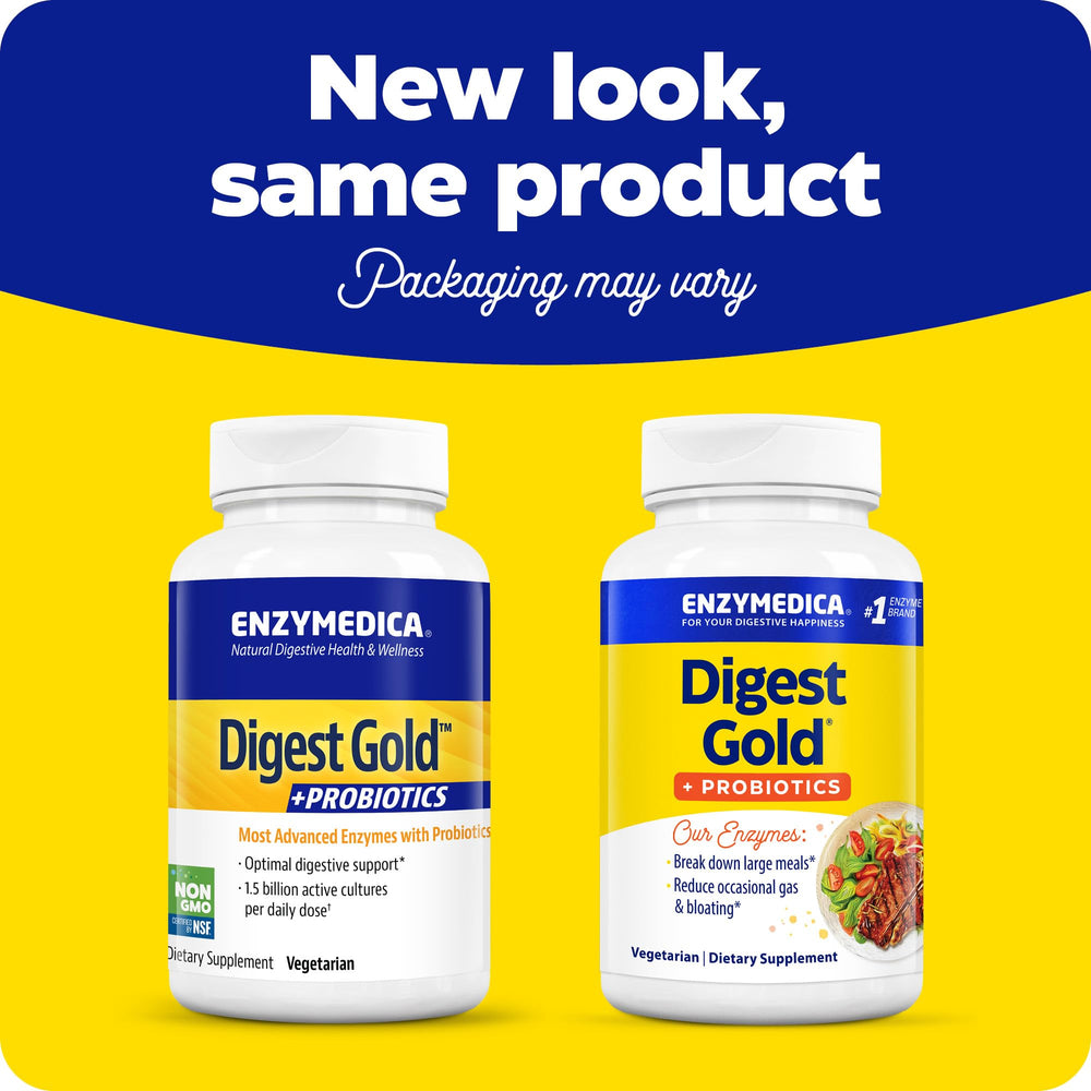 Enzymedica Digest Gold capsules close-up showing Thera-blend enzymes.