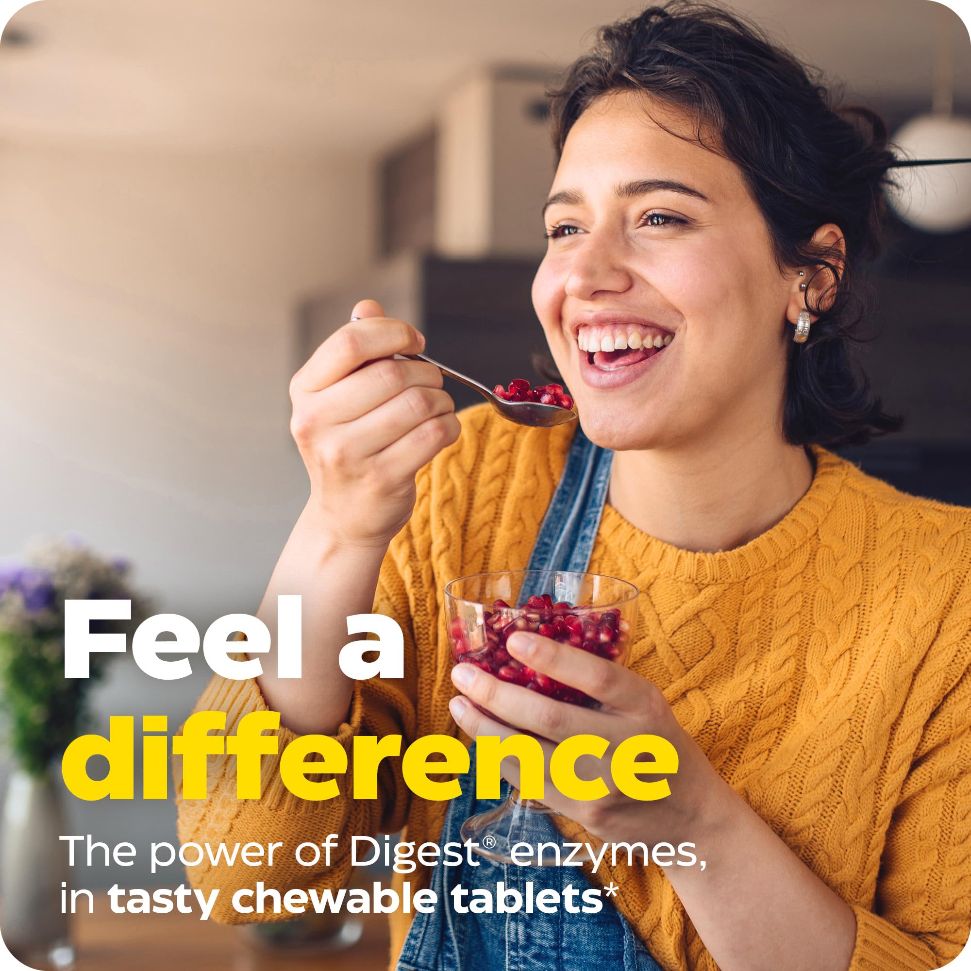 Enzymedica Digest Chewable wrappers and tablet close-up emphasize fast-acting natural enzymes.