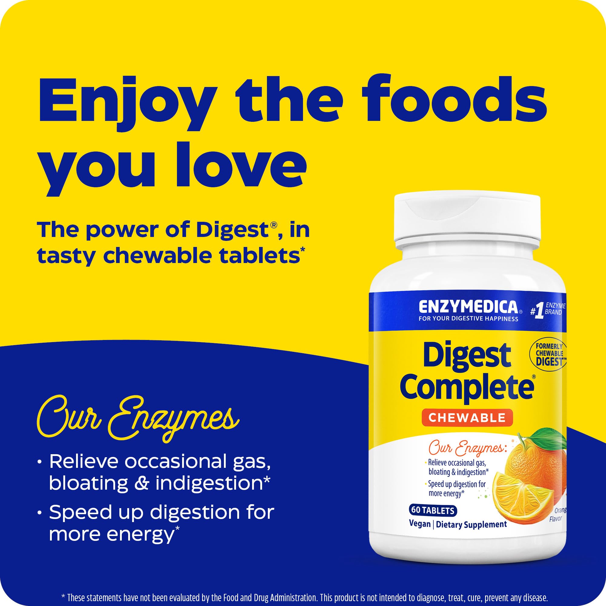 Enzymedica Digest Chewable orange flavor tablets shown enjoying post-meal routine.