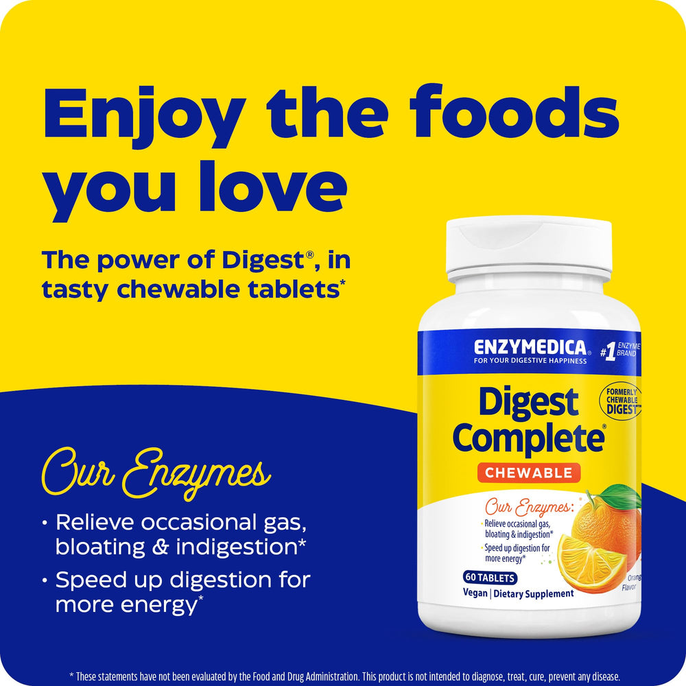 Enzymedica Digest Chewable orange flavor tablets shown enjoying post-meal routine.