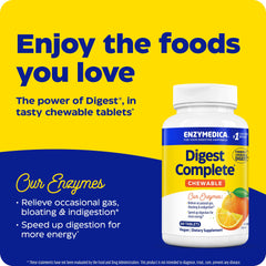 Enzymedica Digest Chewable orange flavor tablets shown enjoying post-meal routine.