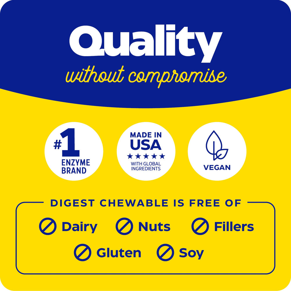 Enzymedica Digest Chewable orange tablets next to a meal to digest proteins.
