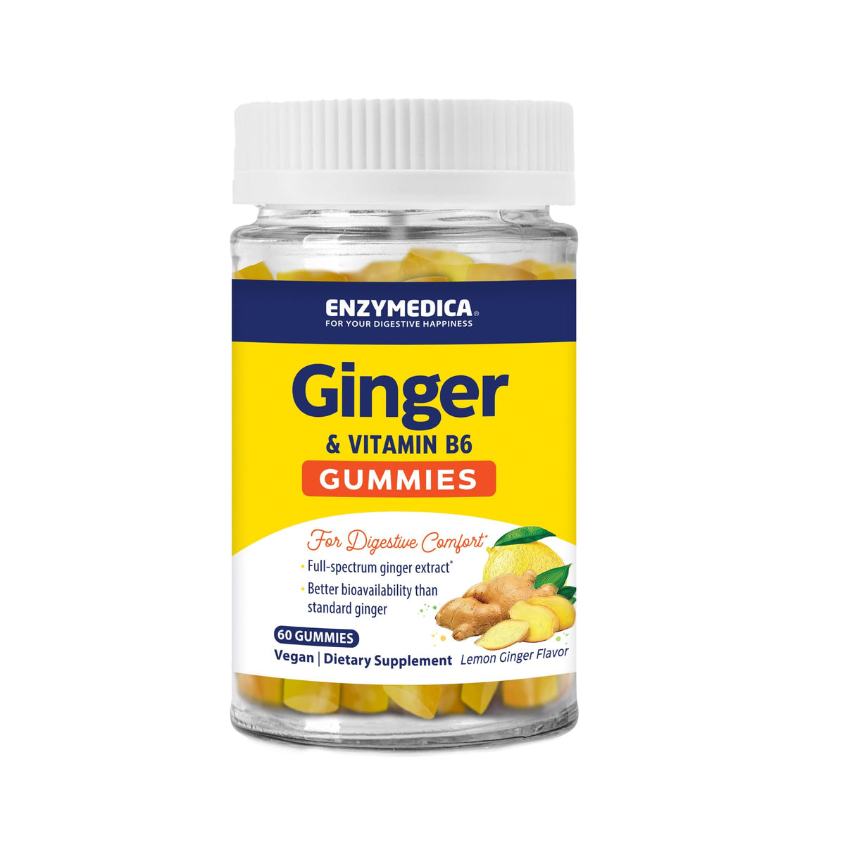 Enzymedica Ginger & Vitamin B6 Gummies bottle highlighting convenient, non-drowsy relief for occasional nausea