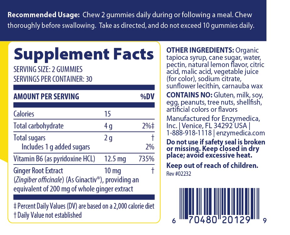 Enzymedica Ginger & Vitamin B6 Gummies label image showing 200 mg ginger per serving