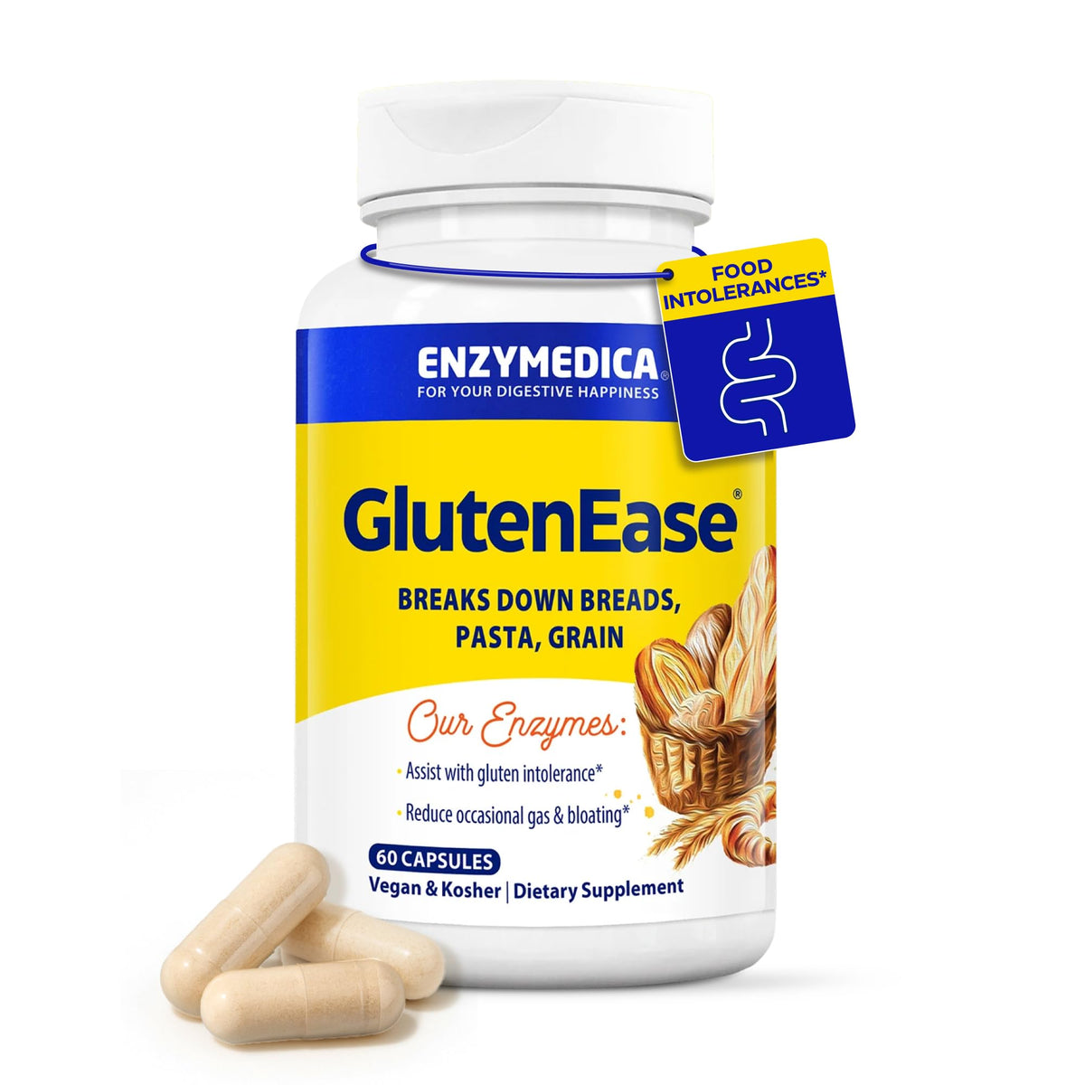 Enzymedica GlutenEase bottle illustrates easy digestive support for gluten sensitivity.