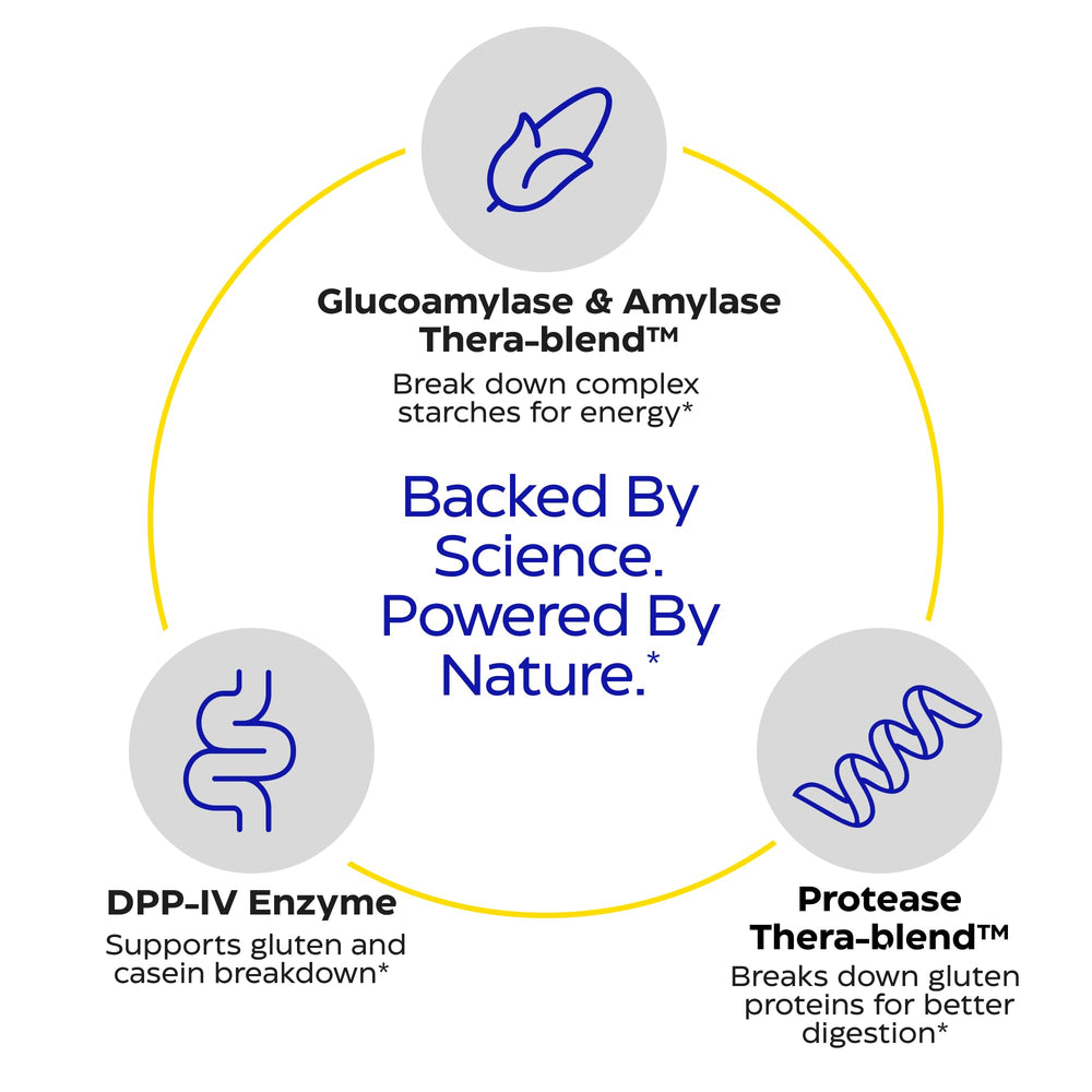 Enzymedica GlutenEase digestive enzymes graphic emphasizes DPP-IV and Thera-blend support.