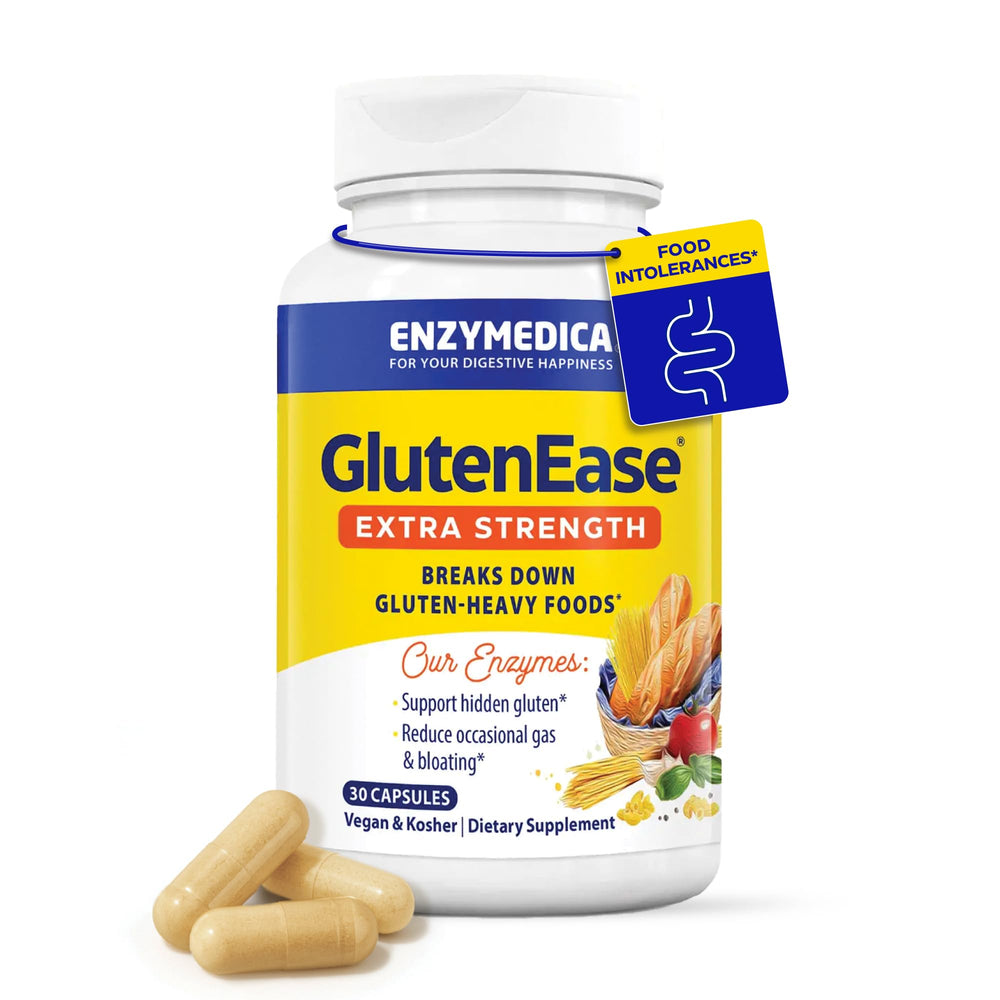 Enzymedica GlutenEase Extra Strength bottle front for gluten digestion support.