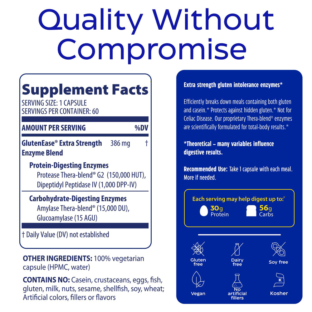 GlutenEase vegan kosher badge emphasizes clean-label, plant-based formula.
