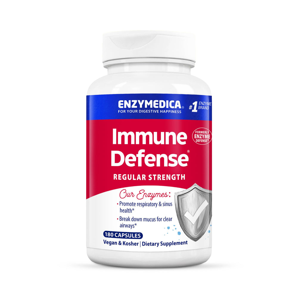 Enzymedica Immune Defense bottle front depicts a trusted immune support formula for daily use.