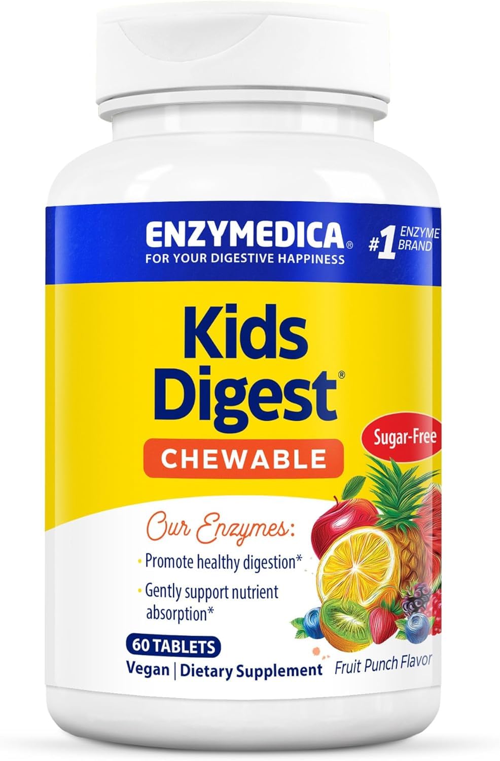 Enzymedica Kids Digest bottle with fruit punch chews for kid-friendly digestion support.