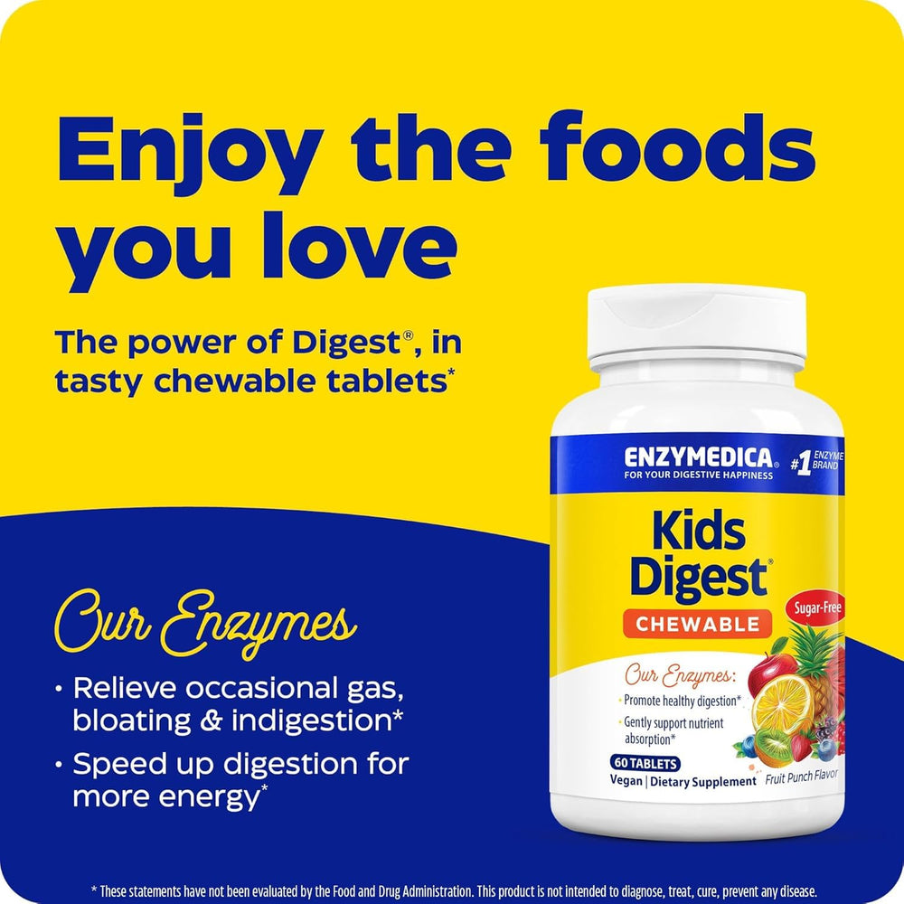 Enzymedica Kids Digest close-up of fruit punch chews for on-the-go use.