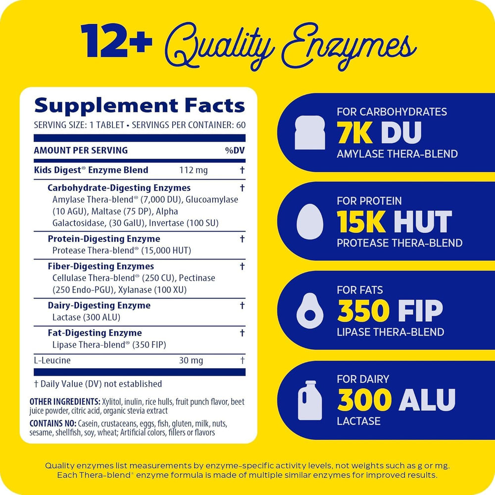Enzymedica Kids Digest ingredients label highlights fruit punch flavor.