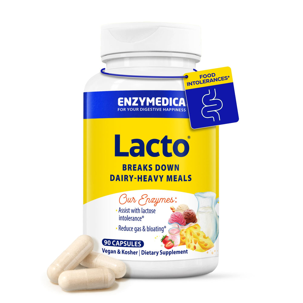 Enzymedica Lacto bottle front showing dairy support for lactose sensitivity.