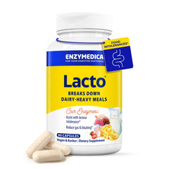 Enzymedica Lacto bottle front showing dairy support for lactose sensitivity.