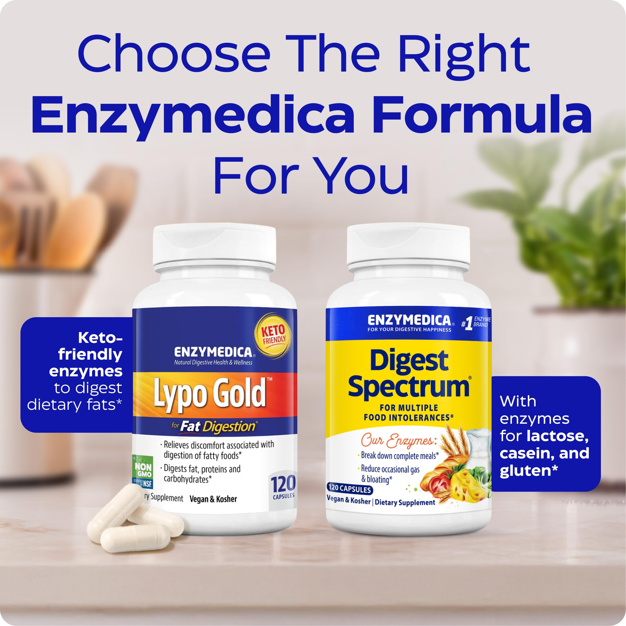 Enzymedica Lypo Gold bottle on table with comforting post-meal digestion.