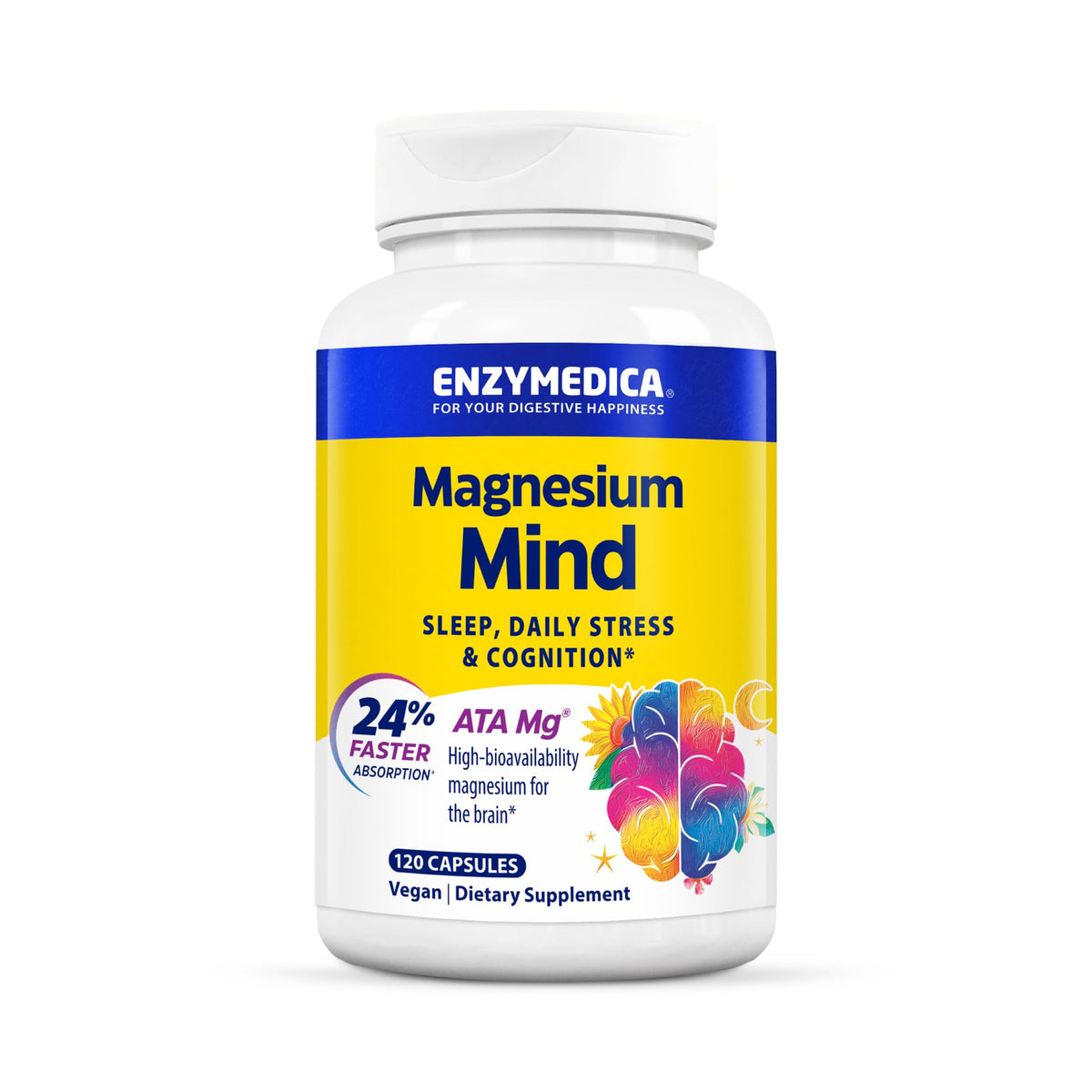 Enzymedica Magnesium Mind with ATA Mg bottle promotes daily calm and focus.