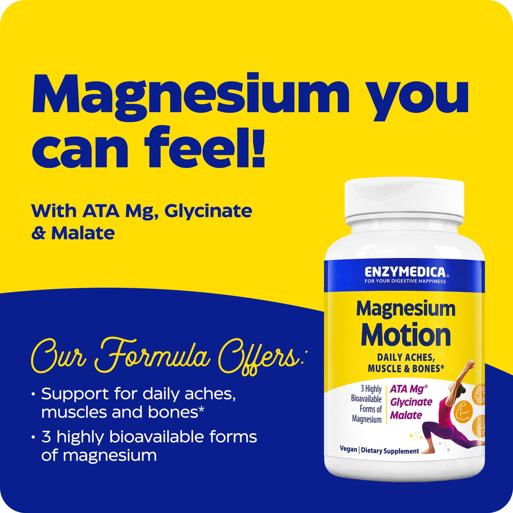 Enzymedica Magnesium Motion bottle back shows usage guidance for daily wellness.