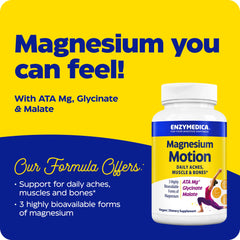 Enzymedica Magnesium Motion capsules closeup showing easy-to-swallow tablets for daily wellness.