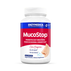 Enzymedica MucoStop bottle label highlighting natural enzyme blend for mucus support