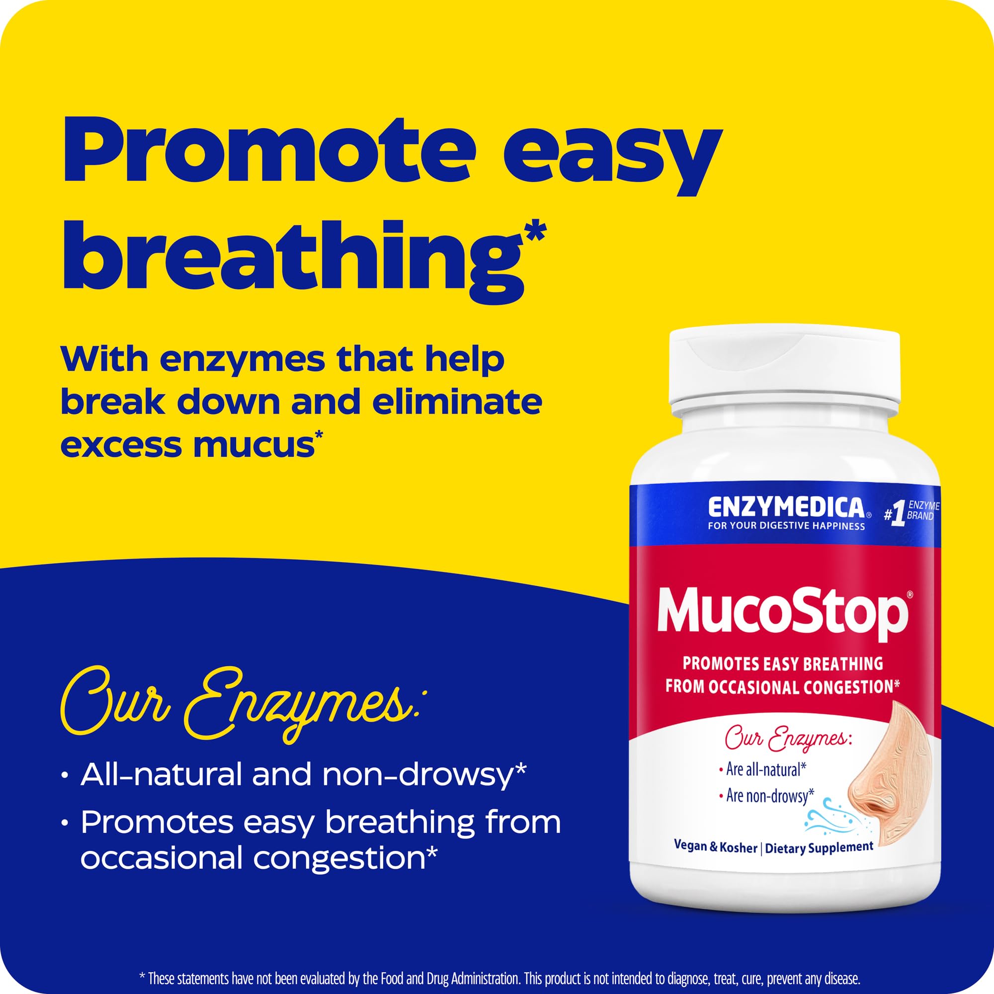 MucoStop label close-up highlighting Thera-blend enzyme technology.