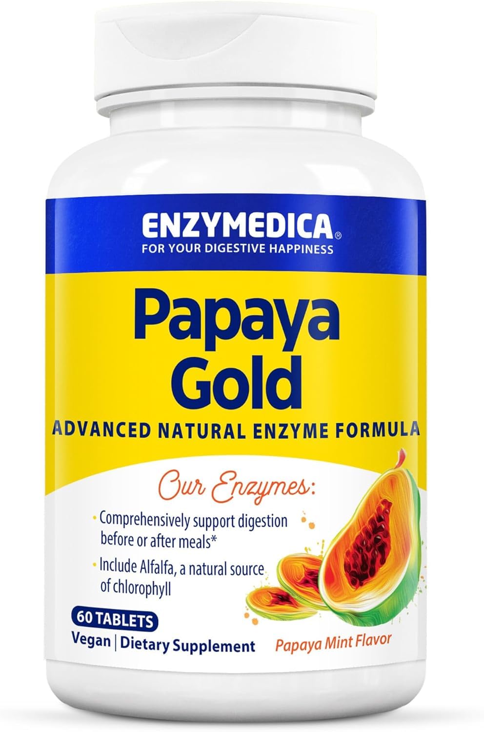 Enzymedica Papaya Gold bottle showcases advanced digestive enzymes for meal support.