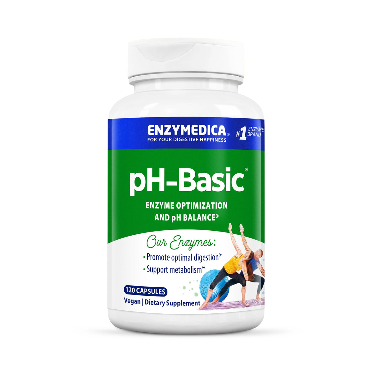 Enzymedica pH-Basic bottle front view, highlighting vegan digestive support and pH balance.