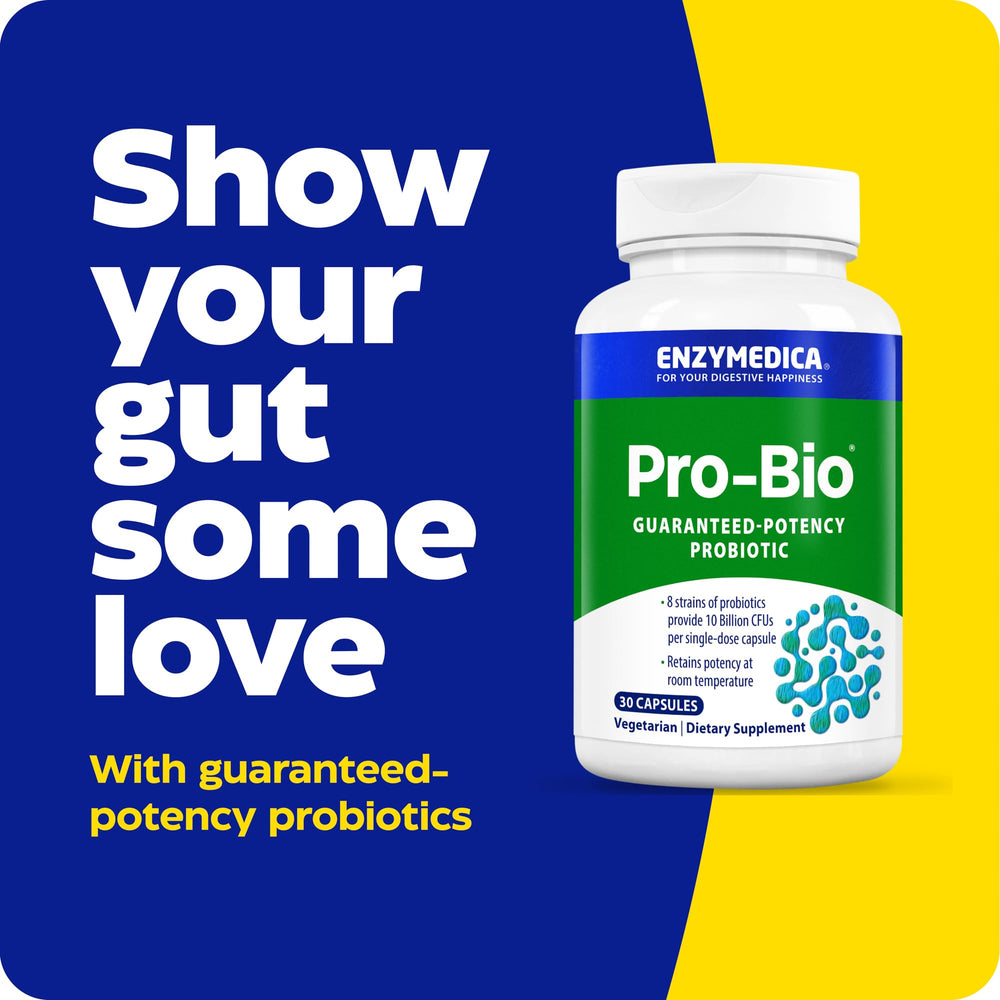 Close-up of Enzymedica Pro-Bio capsule highlighting stomach-acid resistance for digestive comfort