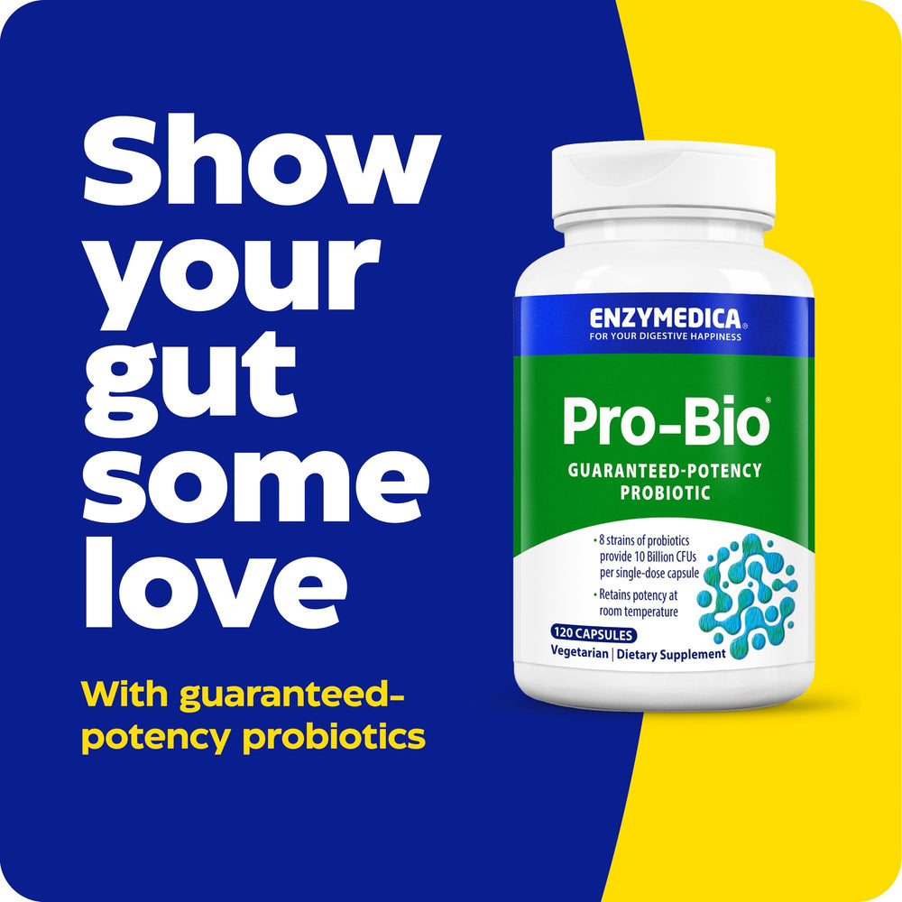 Enzymedica Pro-Bio capsules close-up, daily gut balance on the go