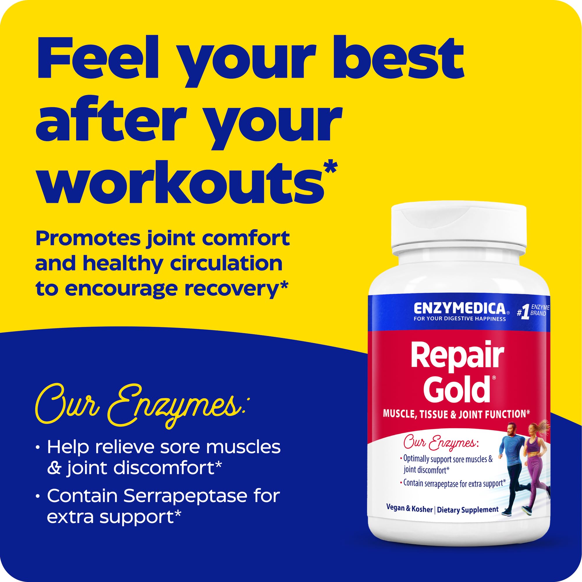 Enzymedica Repair Gold bottle side-label shows serrapeptase and proteolytic enzymes.