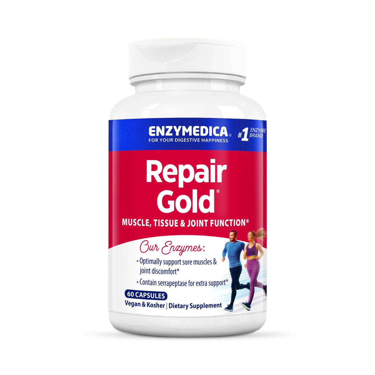Enzymedica Repair Gold bottle shown for joint support and recovery potential.