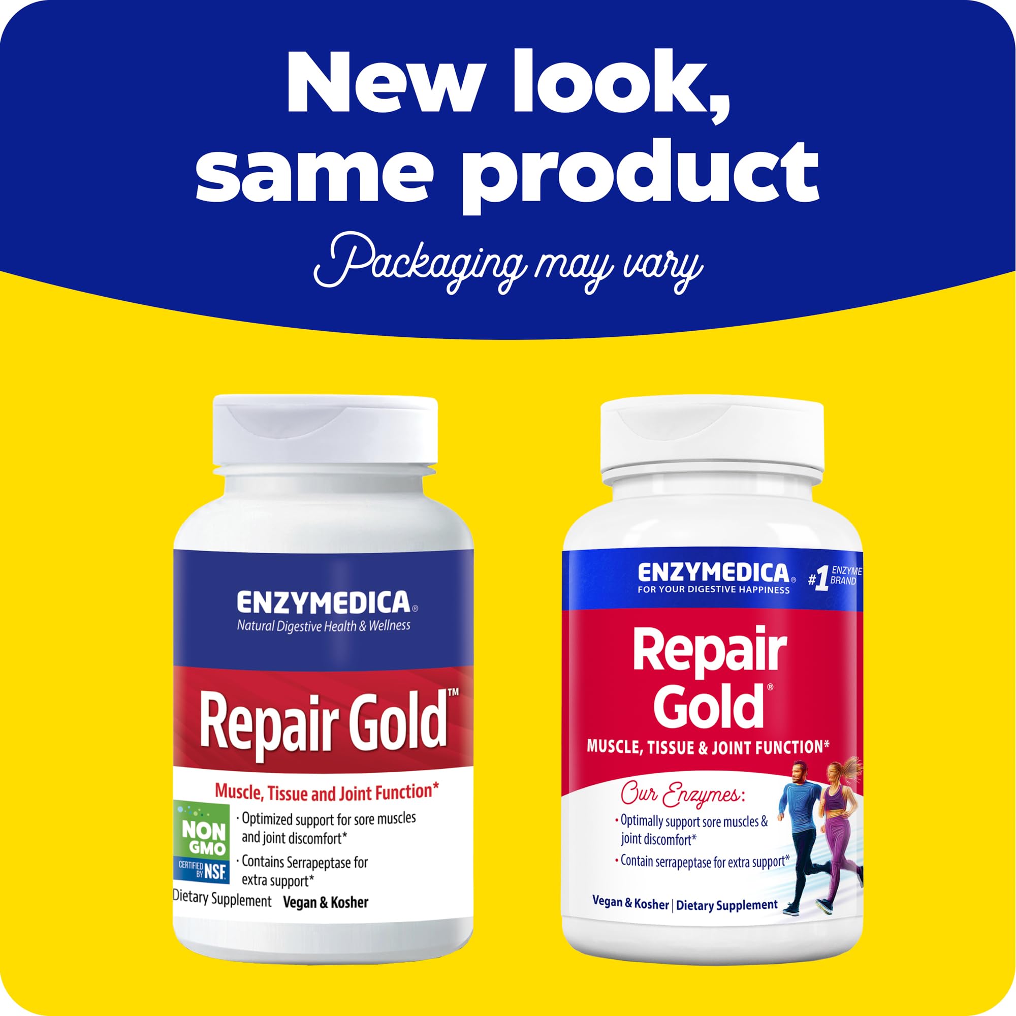 Enzymedica Repair Gold ingredients featuring serrapeptase and bromelain for joint care.