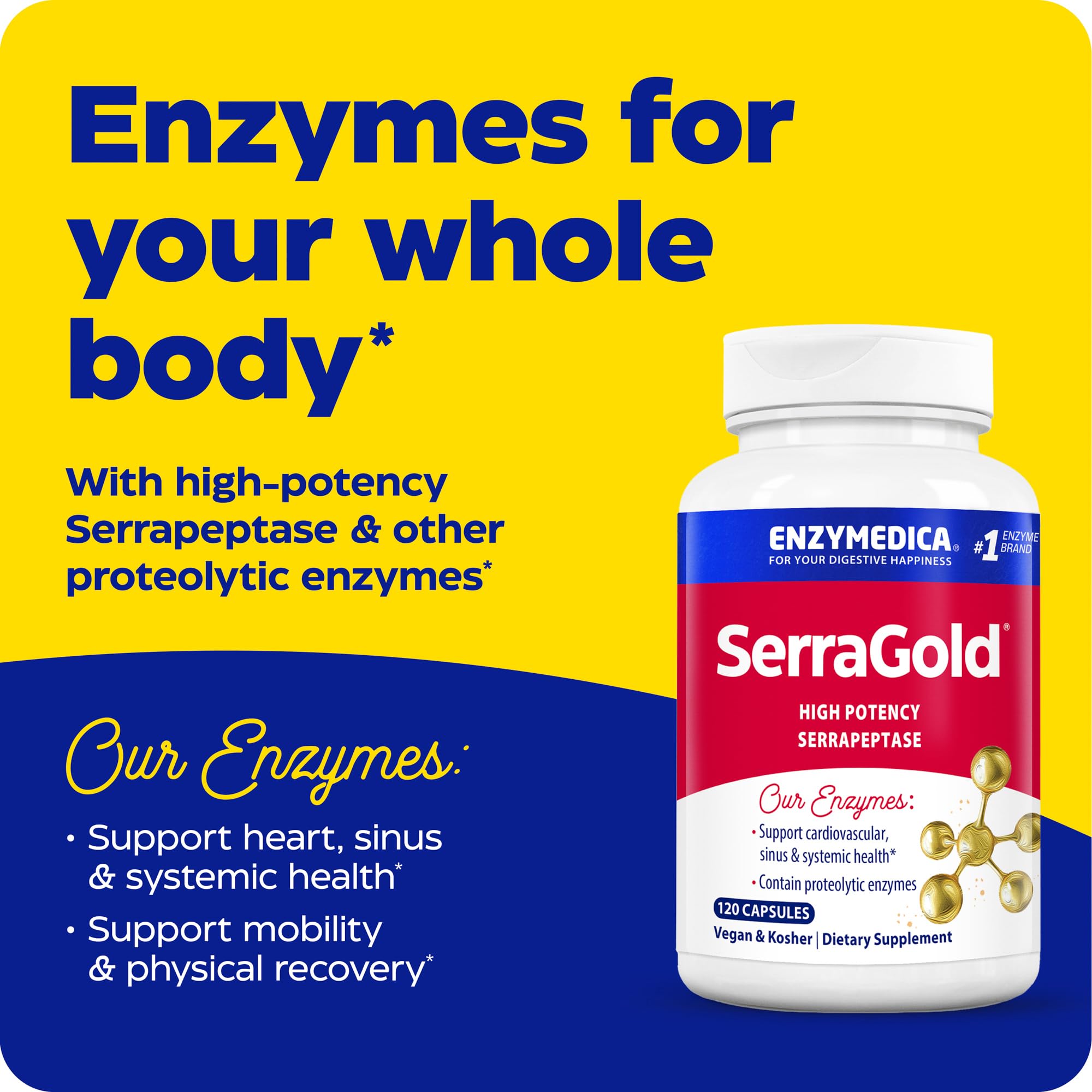 Enzymedica SerraGold capsules closeup highlighting high potency serrapeptase for joint comfort.