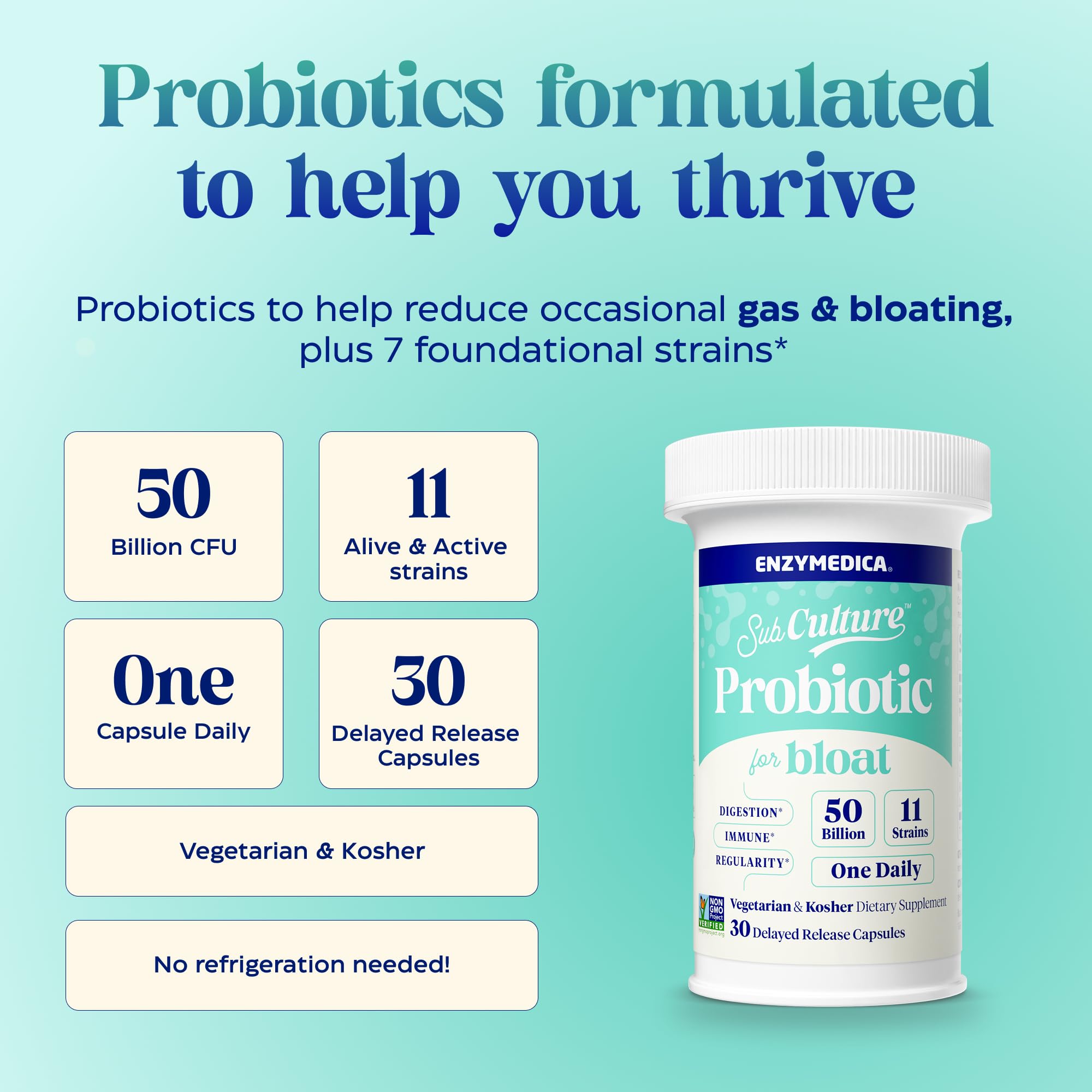 Enzymedica SubCulture Probiotics packaging emphasizes gluten-free, dairy-free, soy-free formula.