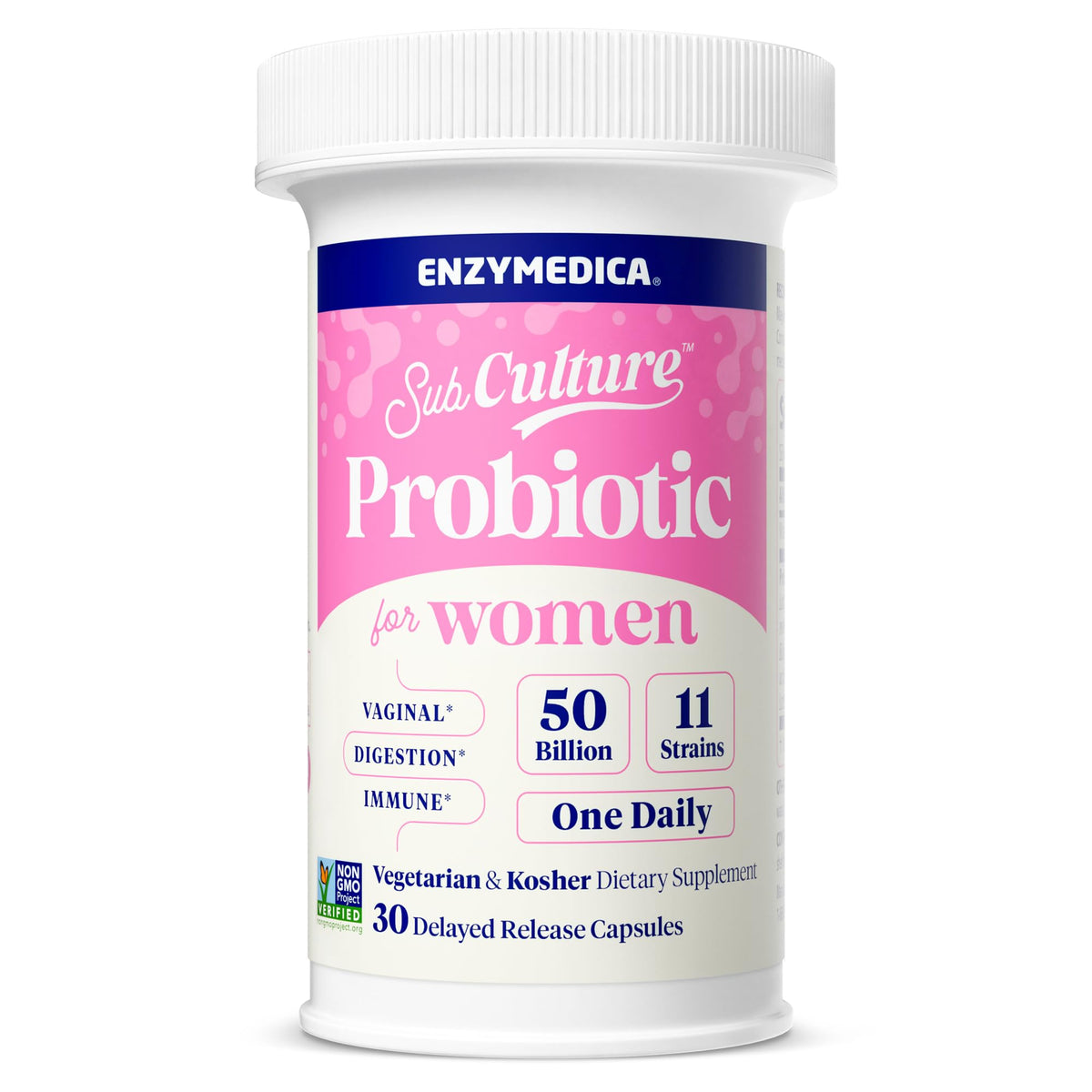 Enzymedica SubCulture Probiotics for Women bottle front promotes urinary and vaginal health support.