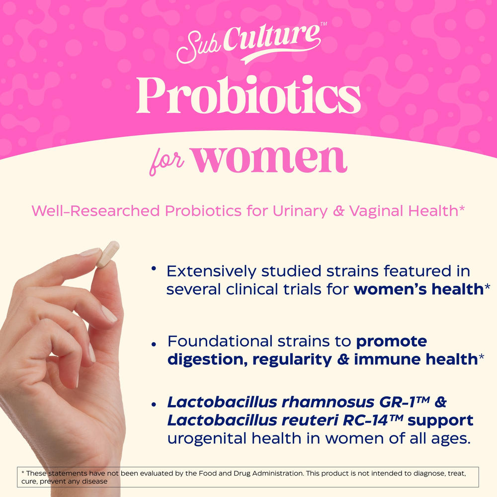 Enzymedica SubCulture Probiotics for Women capsules close-up highlights 50 billion CFU potency.