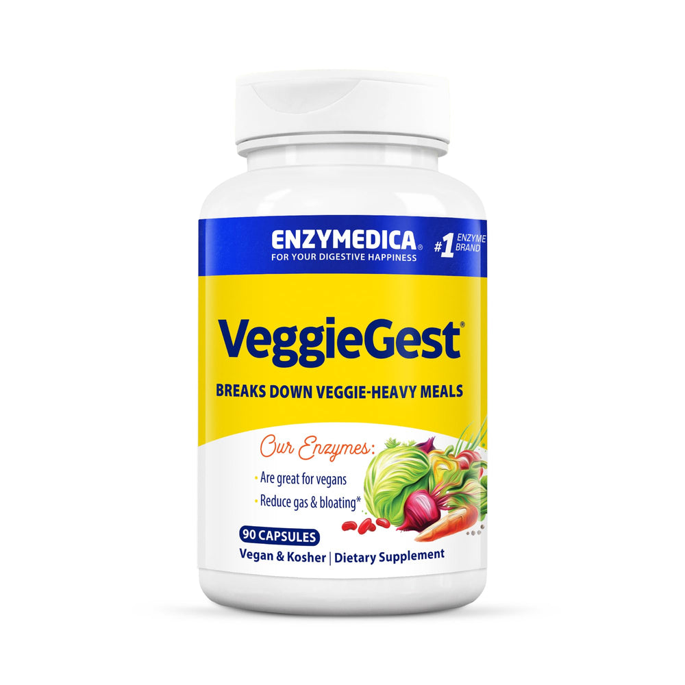 Enzymedica VeggieGest bottle-front view hints at plant-based digestion support for fiber-rich meals.