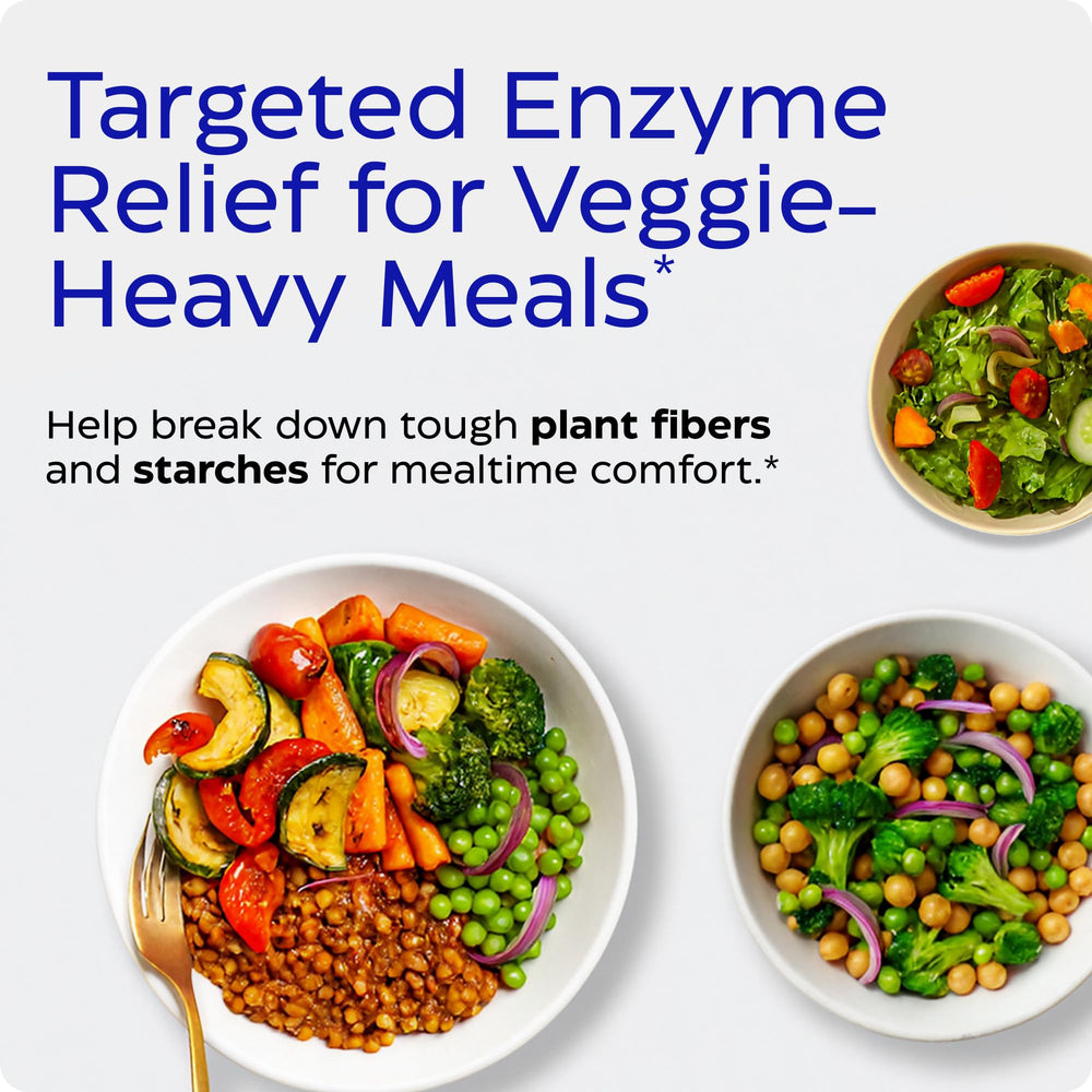 Enzymedica VeggieGest capsules close-up shows a 12-enzyme blend for plant-based digestion.