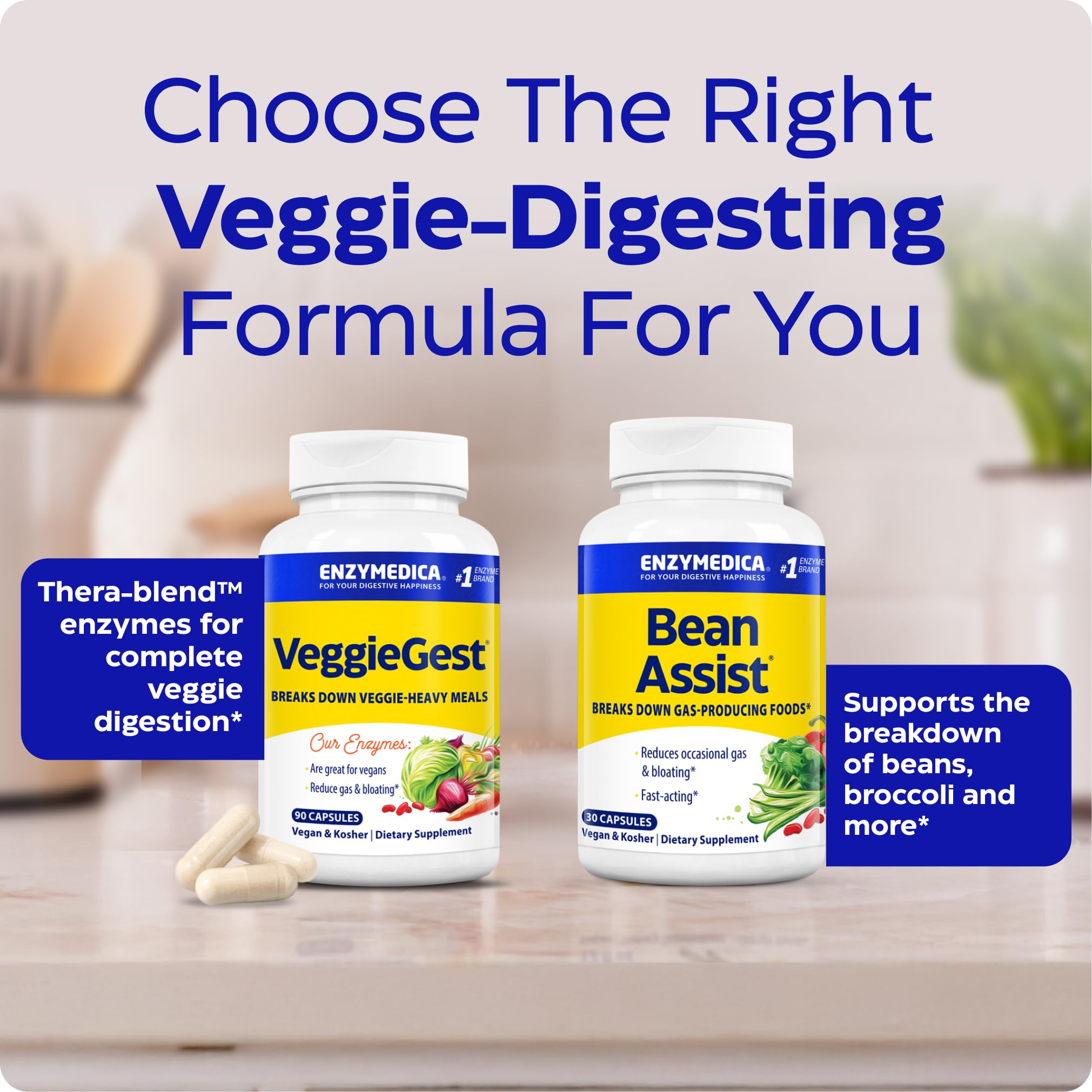 Enzymedica VeggieGest packaging emphasizes vegan and kosher certification for digestive wellness.